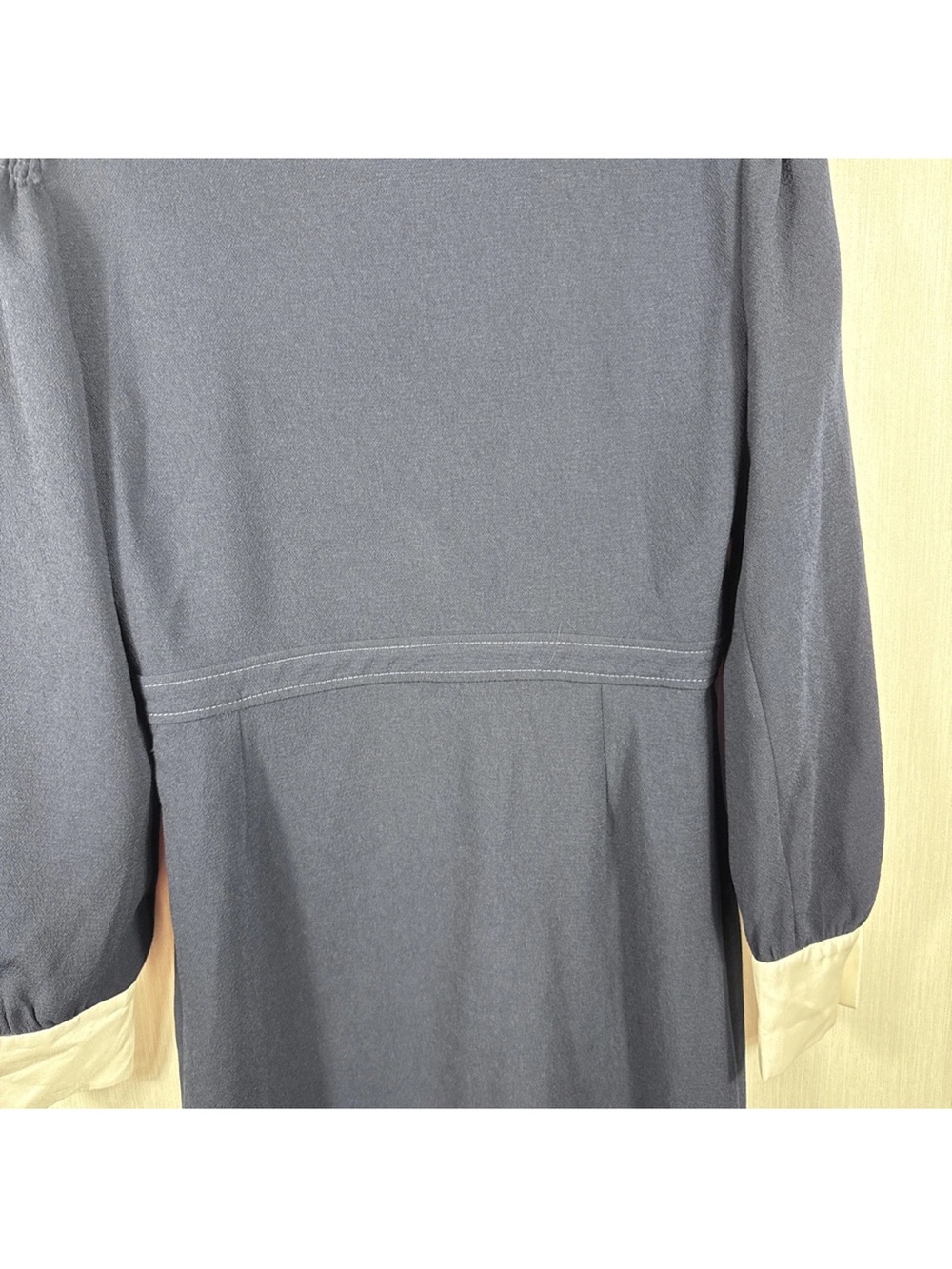 Women’s Sandro Paris Dress S 6 (38) Navy White SilkCuffs Lt Blue Neck Tie V Neck - Picture 9 of 10